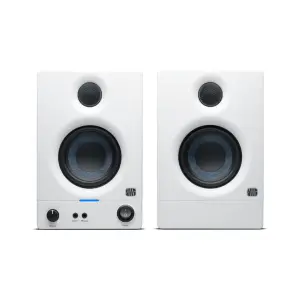 White PreSonus Eris E3.5 2nd Gen studio monitors with 3.5-inch woofers, designed for high-quality audio production.