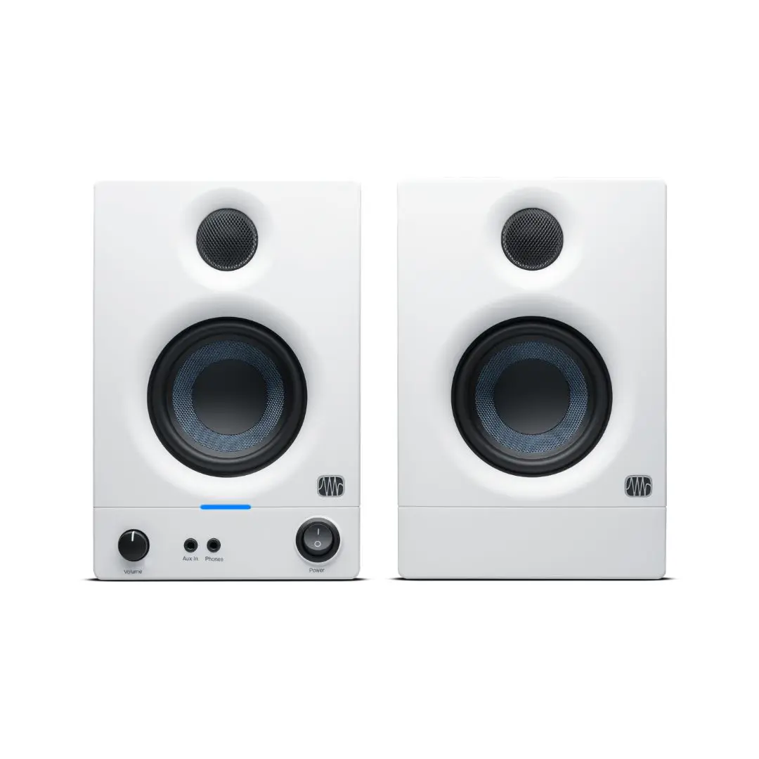 White PreSonus Eris E3.5 2nd Gen studio monitors with 3.5-inch woofers, designed for high-quality audio production.