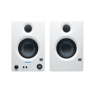 White PreSonus Eris E3.5 2nd Gen studio monitors with 3.5-inch speakers, designed for high-quality audio production.