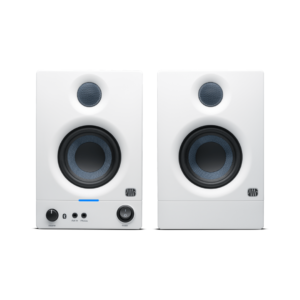 White PreSonus Eris E3.5BT 3.5-inch powered Bluetooth studio monitors, showcasing a sleek design for audio professionals.