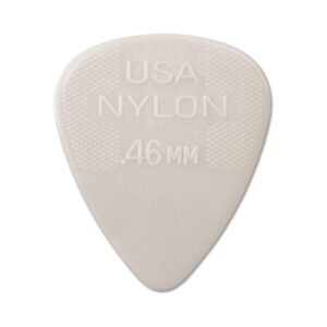 A white nylon guitar pick featuring the words