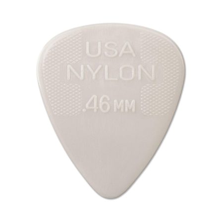 A white nylon guitar pick featuring the words "USA Nylon" printed on its surface