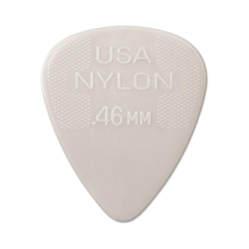 A white nylon guitar pick featuring the words "USA Nylon" printed on its surface