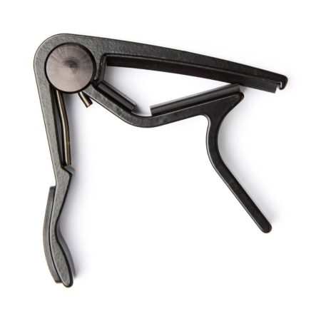 A sturdy black clamp with a metallic handle, used for holding fretboard strings firmly in place.