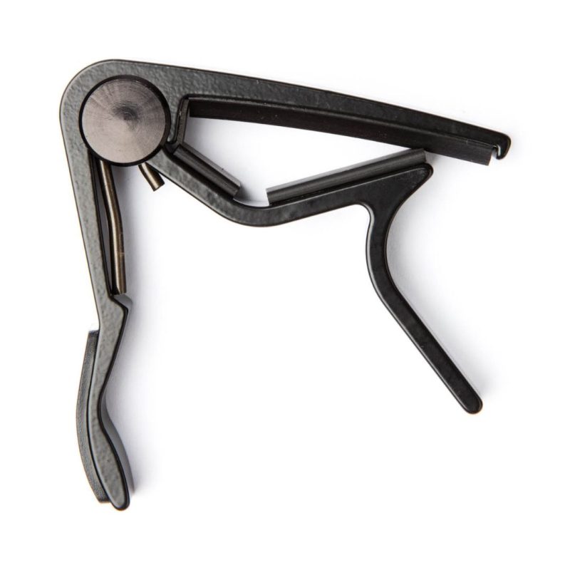 A sturdy black clamp with a metallic handle, used for holding fretboard strings firmly in place.
