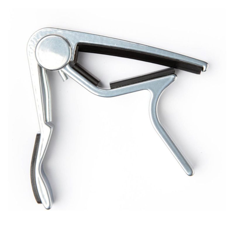A metal clamp positioned against a plain white background.