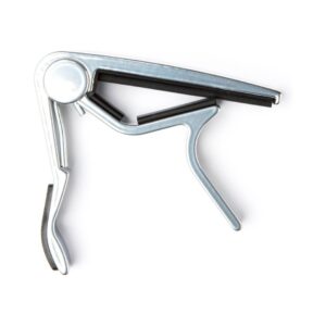 A metal clamp with a handle positioned on a plain white background.