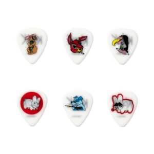 A collection of six white guitar picks, each displaying distinct artistic designs, laid out side by side.