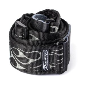 A black and white patterned guitar strap displayed against a neutral background.