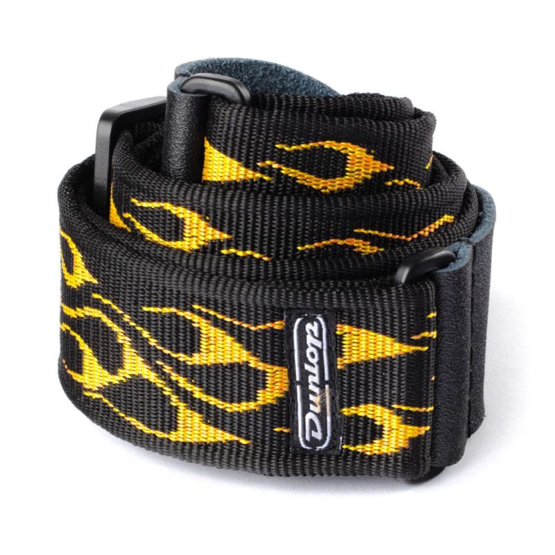 A stylish guitar strap adorned with striking yellow/orange flames, showcasing a dynamic and energetic look.