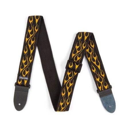 A stylish guitar strap adorned with striking yellow/orange flames, showcasing a dynamic and energetic look.