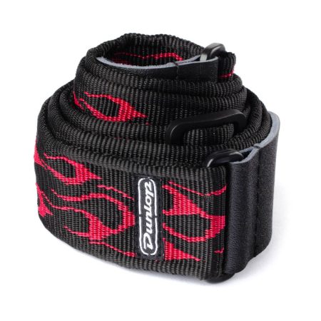 Guitar strap featuring a design of red and black flames, adding a bold and fiery aesthetic.