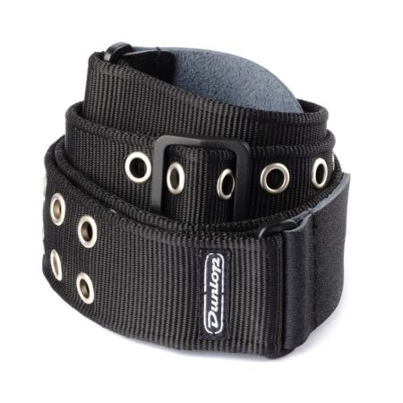 A black guitar strap featuring silver buckles and a central buckle, showcasing a sleek and stylish design.