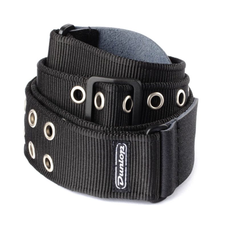 A black guitar strap featuring silver buckles and a central buckle, showcasing a sleek and stylish design.