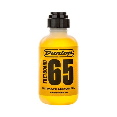 Dunlop 65 Ultimate Lemon Oil bottle, designed for cleaning and conditioning guitar fretboards, with a bright yellow label.