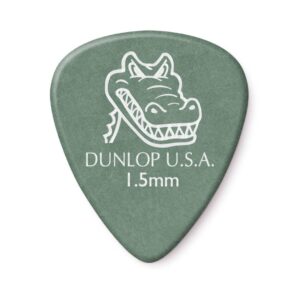 Green Dunlop USA guitar picks displayed, showcasing their shape and texture for guitar playing.