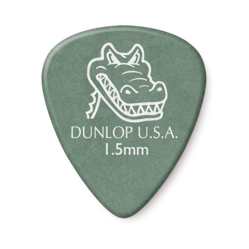 Green Dunlop USA guitar picks displayed, showcasing their shape and texture for guitar playing.