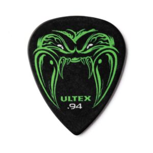 A guitar pick featuring the word