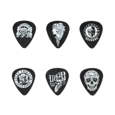 A collection of six guitar picks adorned with skull graphics, perfect for adding a bold touch to any guitarist's gear.