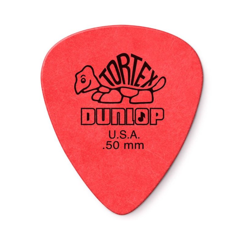 Red Tortex Dunlop guitar picks arranged in a fan shape on a white background.