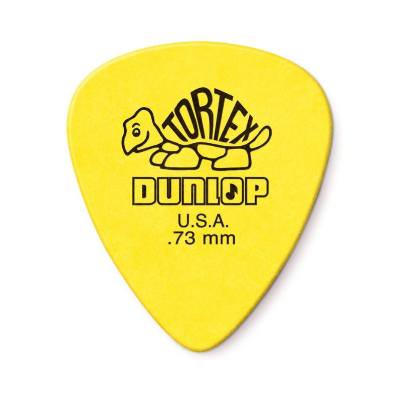 Yellow Tortex Dunlop guitar picks arranged in a fan shape on a white background.