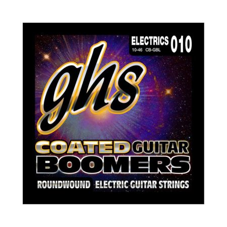 GHS coated electric guitar strings displayed in a close-up view, showcasing their packaging.