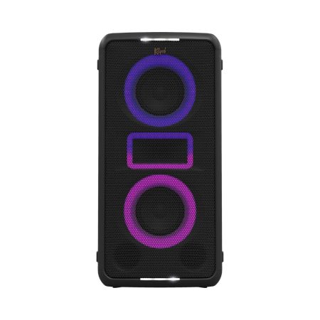 Klipsch Miami Music City Party Speaker illuminated with vibrant purple and black lights, creating a dynamic and energetic atmosphere.