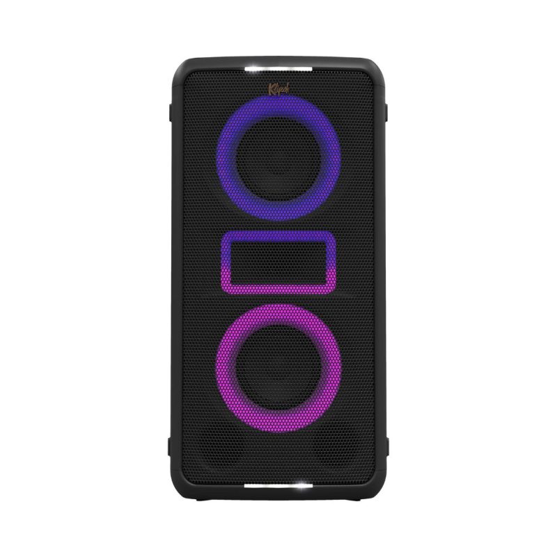 Klipsch Miami Music City Party Speaker illuminated with vibrant purple and black lights, creating a dynamic and energetic atmosphere.