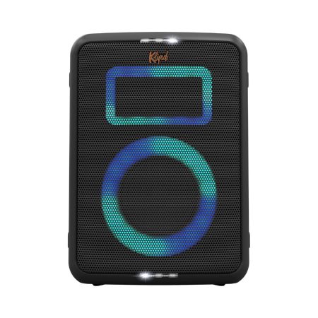 Klipsch Vegas Music City Party Bluetooth speaker emitting a soft blue light, showcasing its modern design and functionality.