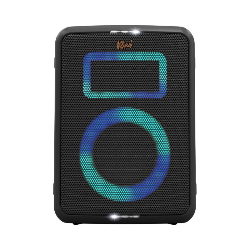 Klipsch Vegas Music City Party Bluetooth speaker emitting a soft blue light, showcasing its modern design and functionality.