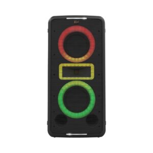 Klipsch New York Music City Party Speaker illuminated with vibrant Green, Yellow and Red lights, creating a dynamic and energetic atmosphere.