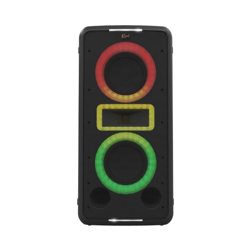 Klipsch New York Music City Party Speaker illuminated with vibrant Green, Yellow and Red lights, creating a dynamic and energetic atmosphere.