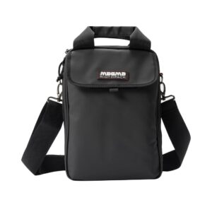 A sleek black headphone bag with the Magma Riot logo, designed for stylish and secure storage of headphones.