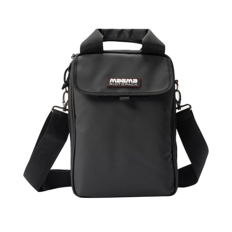 A sleek black headphone bag with the Magma Riot logo, designed for stylish and secure storage of headphones.