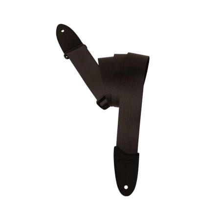 A black guitar strap featuring a sturdy metal buckle for secure attachment.