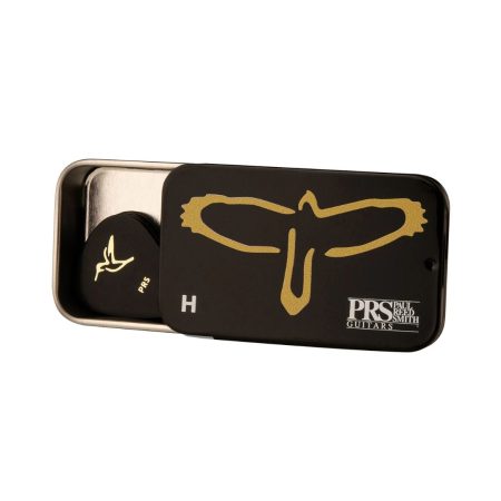 A collection of PRS T-Bird Hard Size guitar picks displayed on a surface, showcasing various colors and designs.