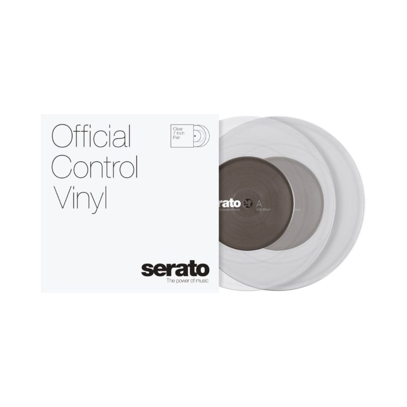 Serato official Performance Series 7" clear control vinyl pair, designed for DJs to manipulate digital music with turntables.