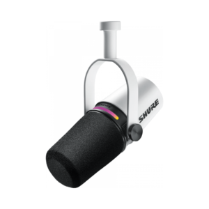 Shure MV7+ white podcast microphone with XLR and USB connectivity, designed for high-quality audio recording.