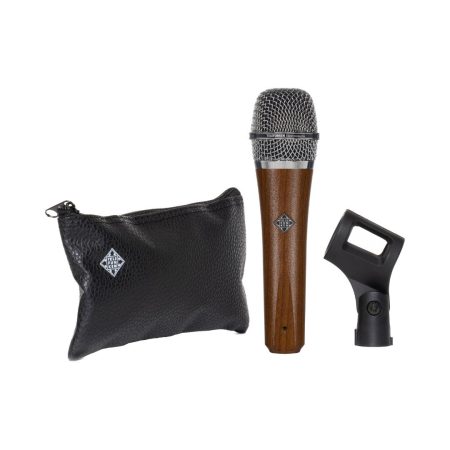 Telefunken M80 Cherry Body, Chrome Grille microphone next to a Leather Zipper Bag and M 780 Mic Clip, showcasing audio equipment and its accessories.