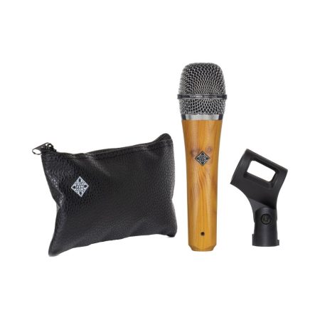 Telefunken M80 Oak body microphone next to a Leather Zipper Bag and M 780 Mic Clip, showcasing audio equipment and its accessories.