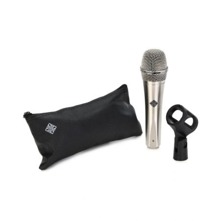 Telefunken M80 Satin Body, Chrome Grille microphone next to a Leather Zipper Bag and M 780 Mic Clip, showcasing audio equipment and its accessories.