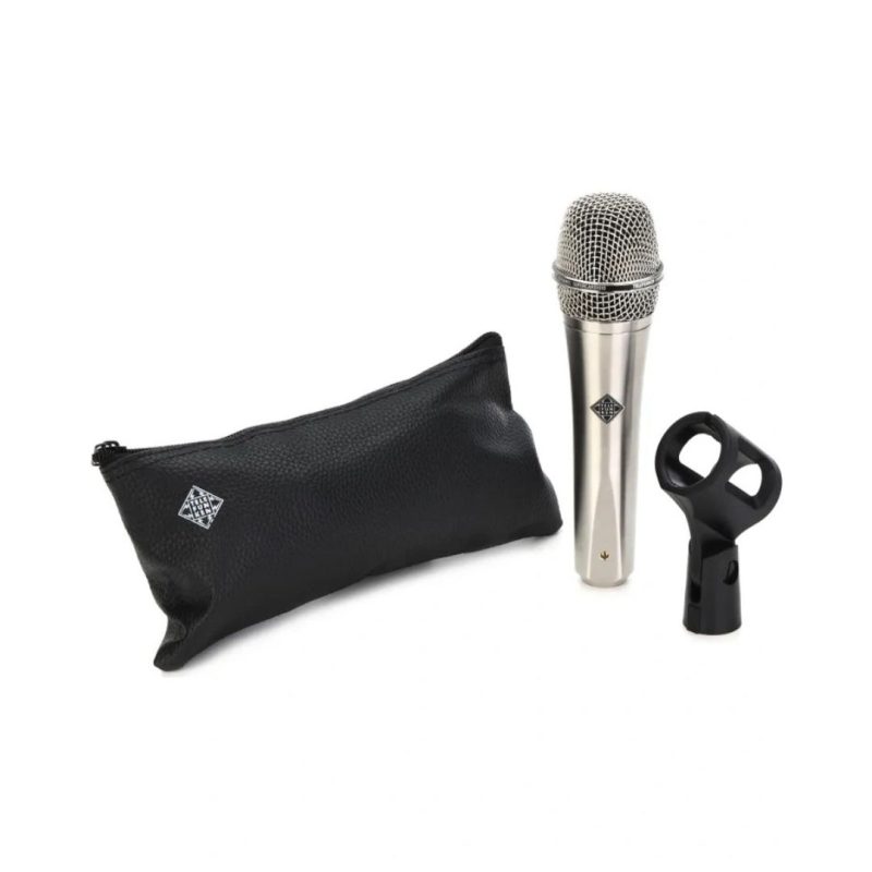 Telefunken M80 Satin Body, Chrome Grille microphone next to a Leather Zipper Bag and M 780 Mic Clip, showcasing audio equipment and its accessories.