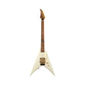 Solar V1.6VW Wolfmaster white electric guitar featuring a polished wooden body, showcasing its sleek design and craftsmanship.
