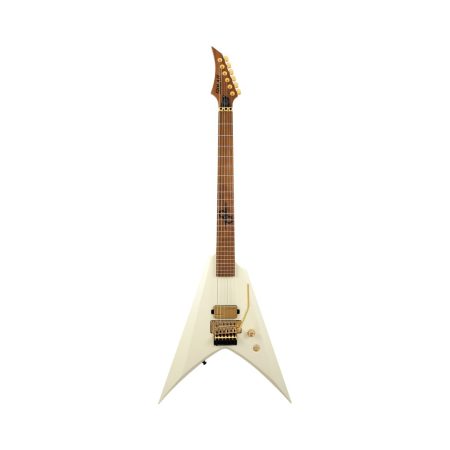 Solar V1.6VW Wolfmaster white electric guitar featuring a polished wooden body, showcasing its sleek design and craftsmanship.