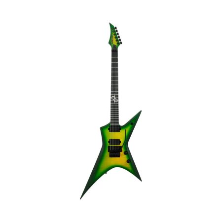 Solar X1.6FRLB, A striking green and black guitar with a glossy black pick guard, highlighting its modern aesthetic and craftsmanship.