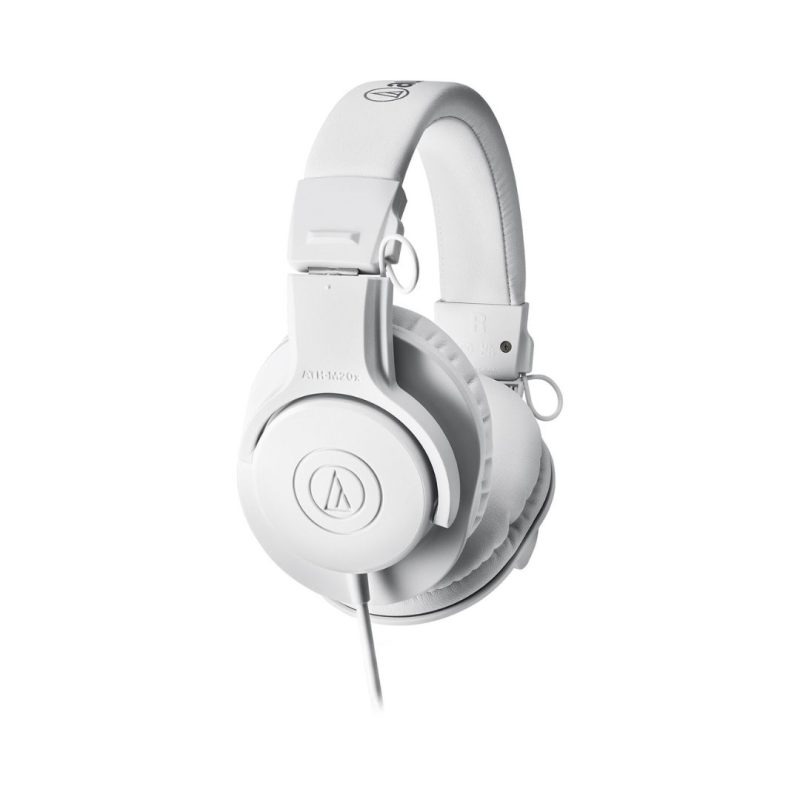 Audio-Technica ATH-M20x WH professional monitor headphones with cushioned ear pads and adjustable headband for comfort