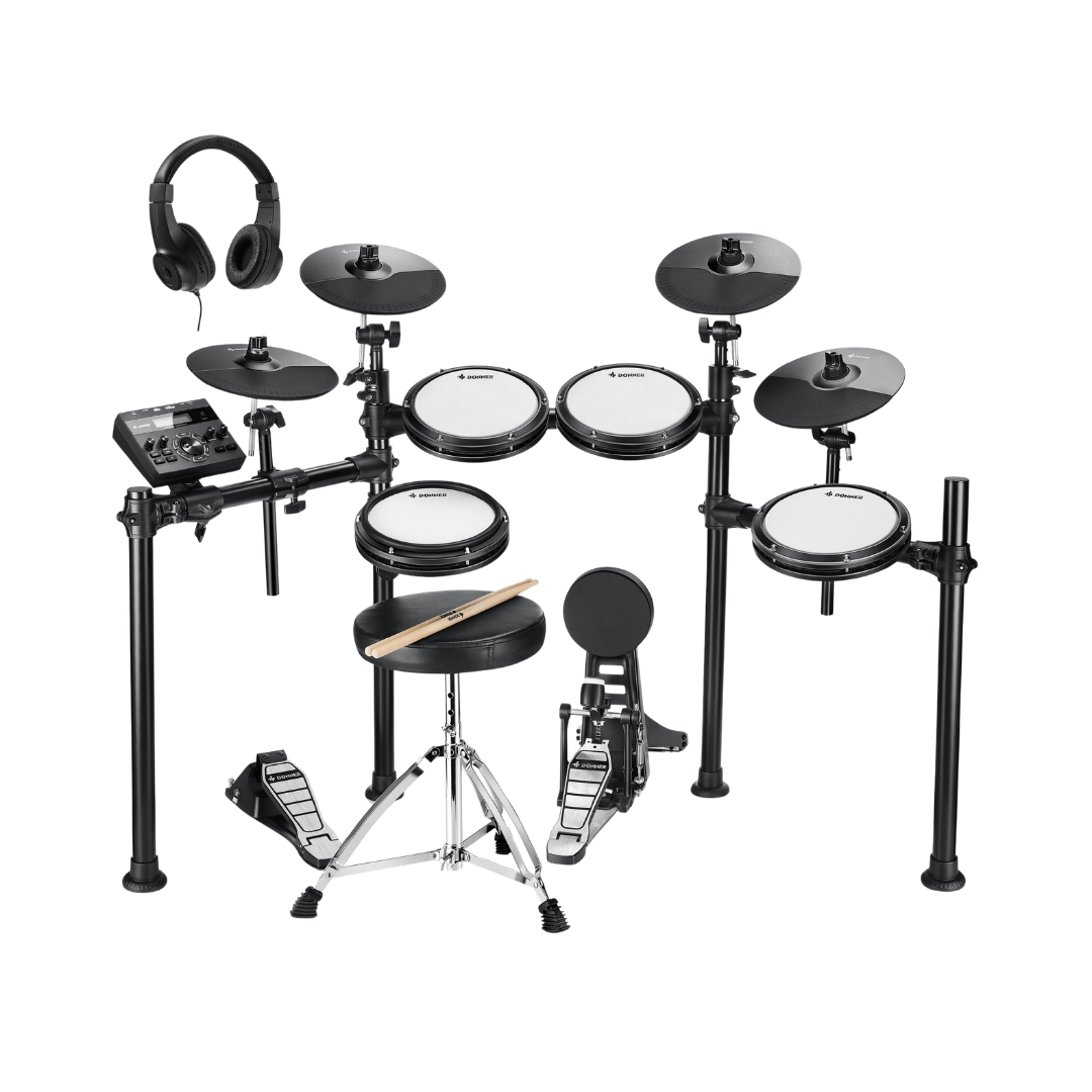 Donner DED-200 electronic drum set with headphones and drum throne, designed for practice and performance.