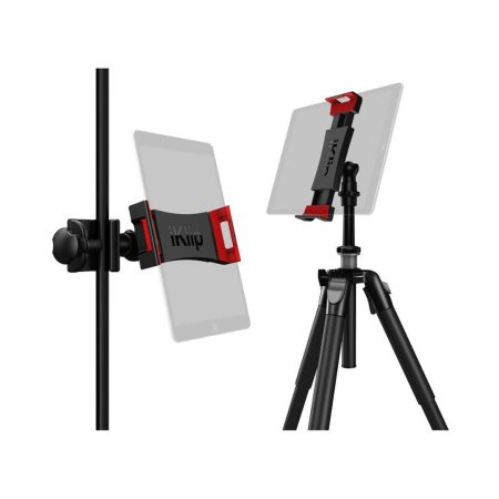 A tripod holding a tablet, showcasing the IK Multimedia iKlip 3 Deluxe mount for versatile device support.
