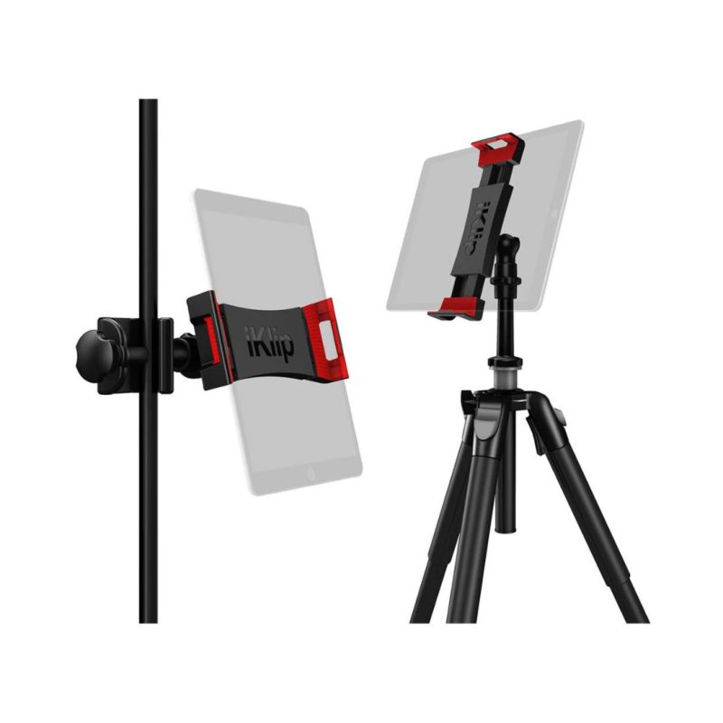 A tripod holding a tablet, showcasing the IK Multimedia iKlip 3 Deluxe mount for versatile device support.