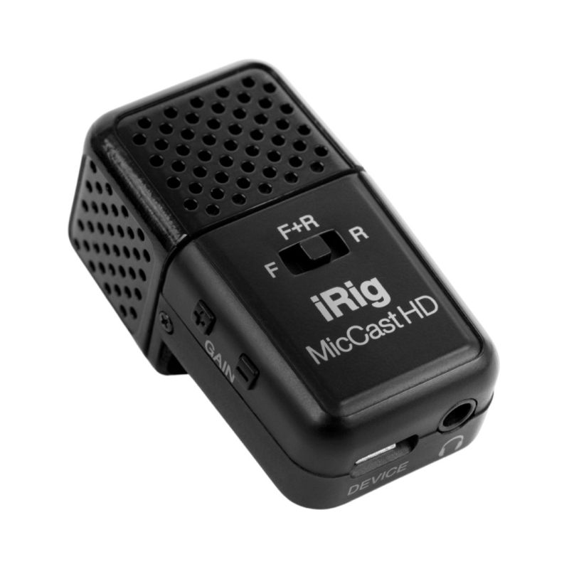 A small iRig MicCast HD device designed for high-quality audio recording.